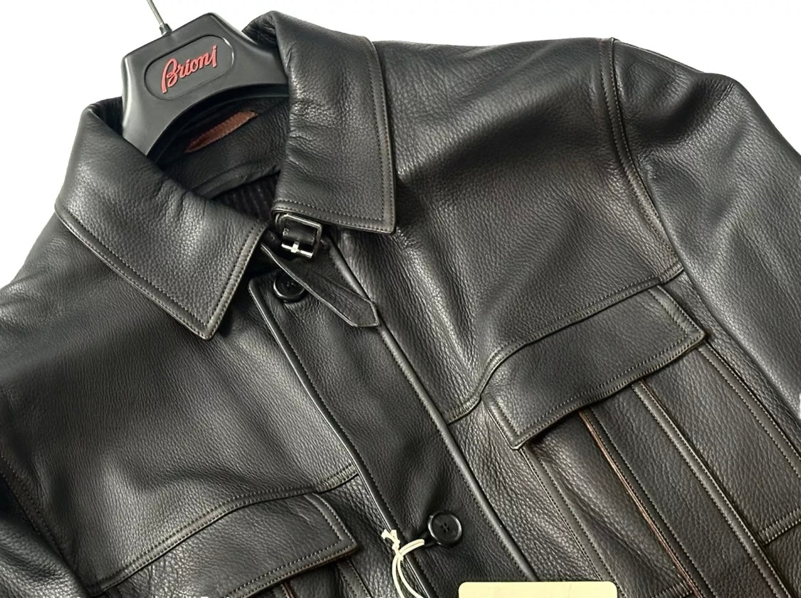 $7500 NEW BRIONI GRAIN LEATHER COAT XL EU 54 MILITARY FIELD JACKET SUEDE DETAILS