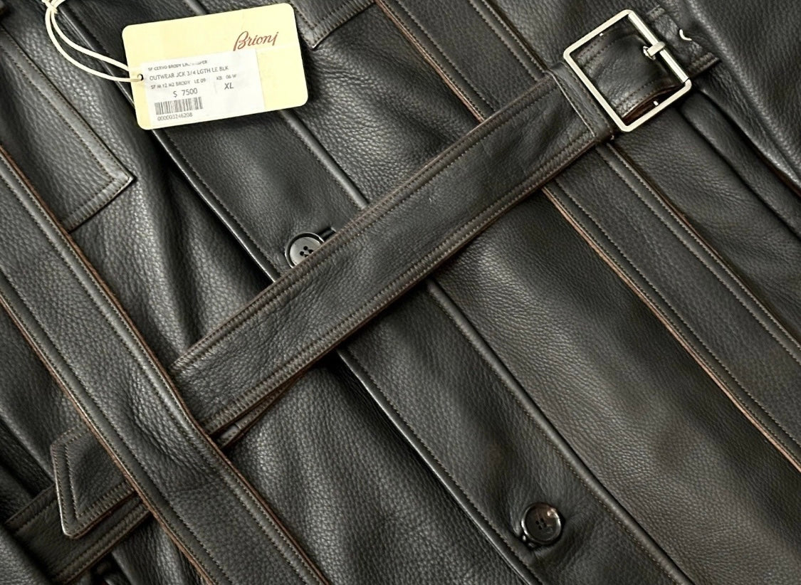 $7500 NEW BRIONI GRAIN LEATHER COAT XL EU 54 MILITARY FIELD JACKET SUEDE DETAILS