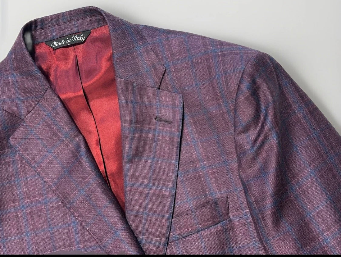 $1895 NEW REDA SUPER 130’S SPORT COAT JACKET ITALY 38 R 38R PURPLE PLAID VERO UOMO