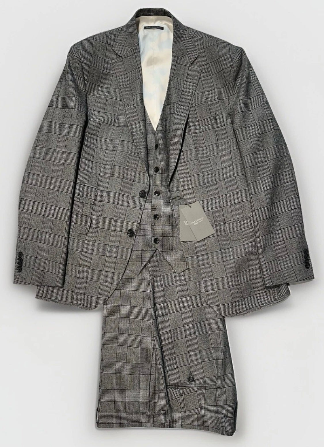 $4250 NEW VERO UOMO LORO PIANA HANDMADE 3 PC SUIT BLACK WHITE PLAID 42 L 42L TOM FORD INSPIRED