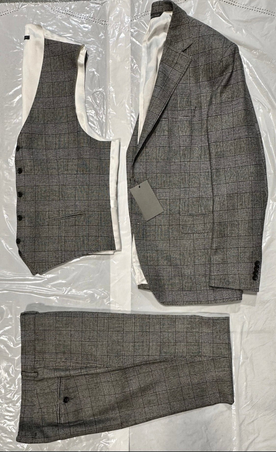 $4250 NEW VERO UOMO LORO PIANA HANDMADE 3 PC SUIT BLACK WHITE PLAID 42 L 42L TOM FORD INSPIRED