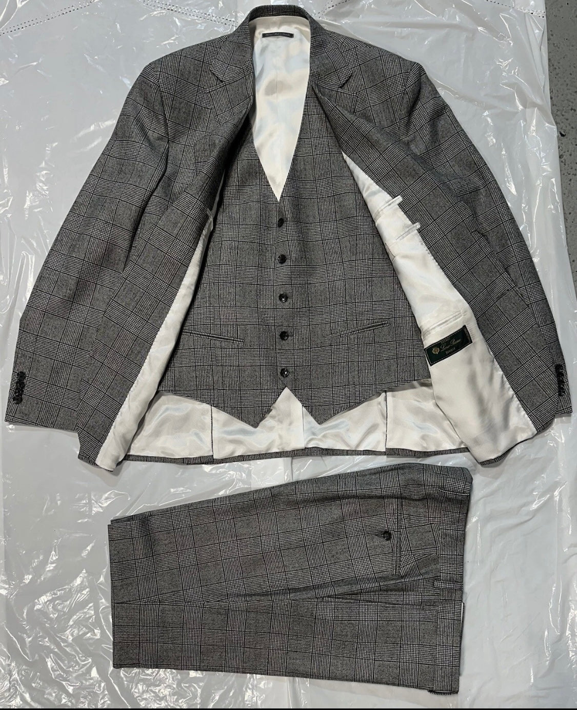$4250 NEW VERO UOMO LORO PIANA HANDMADE 3 PC SUIT BLACK WHITE PLAID 42 L 42L TOM FORD INSPIRED