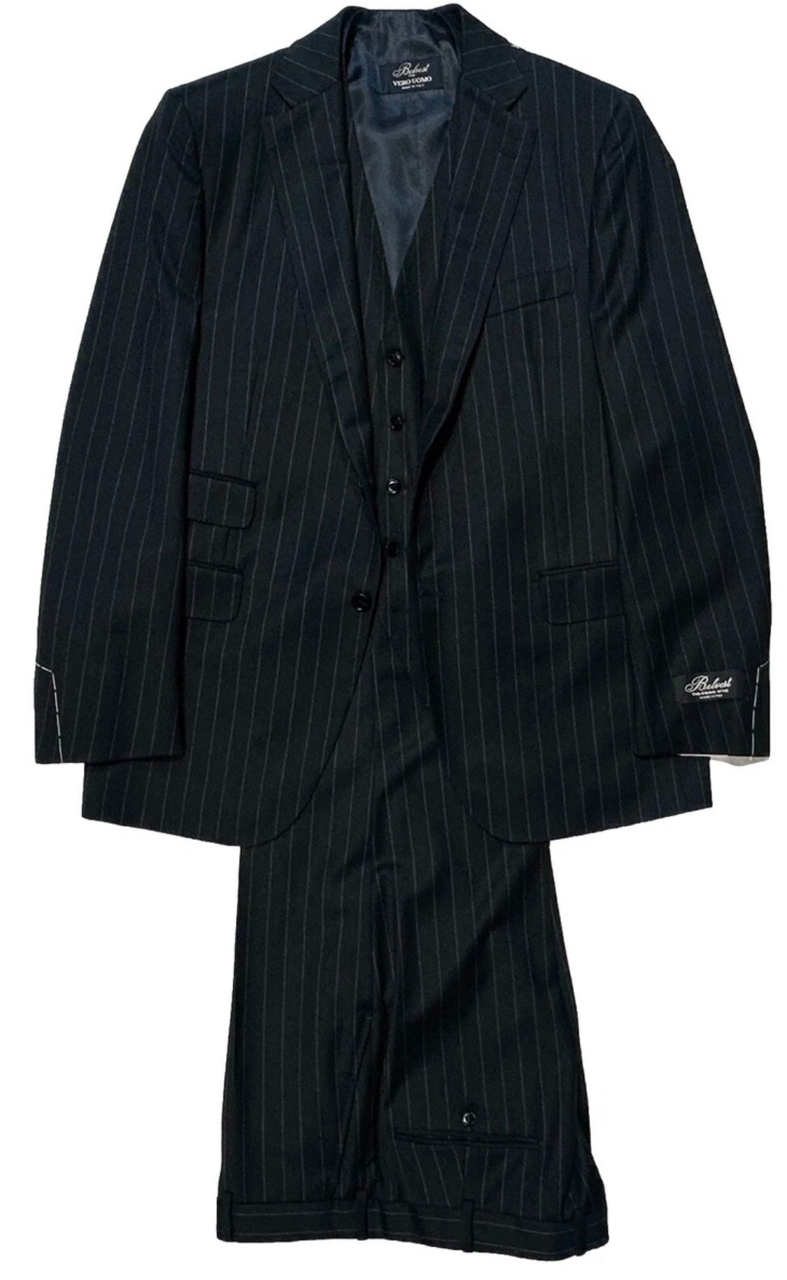$5995 NEW EU 52 L / 40L 42L BELVEST SUIT 3 PC FULL HANDMADE NAVY PINSTRIPE JACKET VEST PANT 40 L 42 L