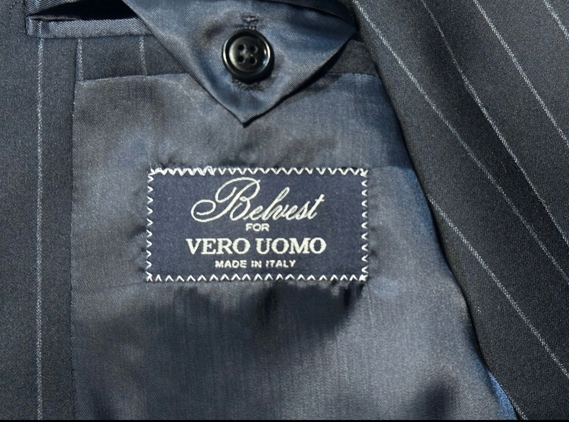 $5995 NEW EU 52 L / 40L 42L BELVEST SUIT 3 PC FULL HANDMADE NAVY PINSTRIPE JACKET VEST PANT 40 L 42 L
