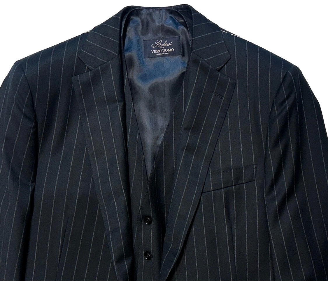 $5995 NEW EU 52 L / 40L 42L BELVEST SUIT 3 PC FULL HANDMADE NAVY PINSTRIPE JACKET VEST PANT 40 L 42 L