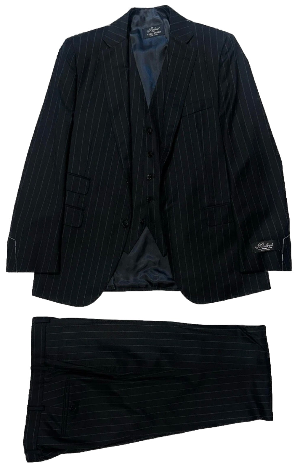 $5995 NEW EU 52 L / 40L 42L BELVEST SUIT 3 PC FULL HANDMADE NAVY PINSTRIPE JACKET VEST PANT 40 L 42 L