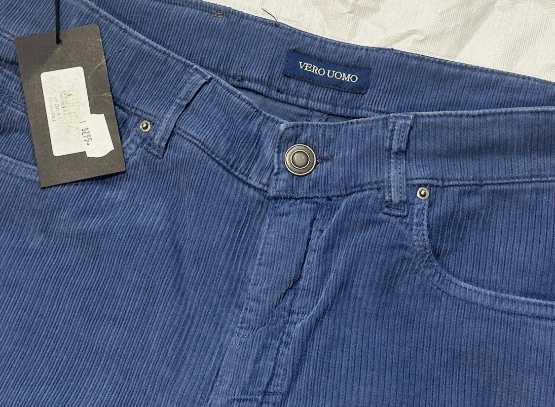 $295 NEW SZ 32 ITALY VERO UOMO SLIM FIT CORDUROY JEANS CUT 5 POCKET PANTS INDIGO