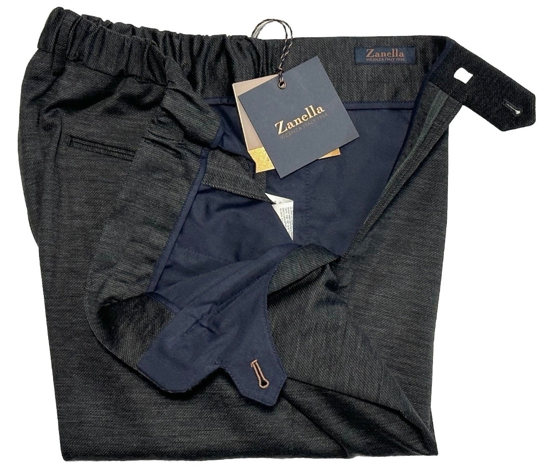 $425 NEW HANDMADE ZANELLA ELASTIC WAIST CASUAL DRESS PANTS 32 NASH CHARCOAL WEAVE