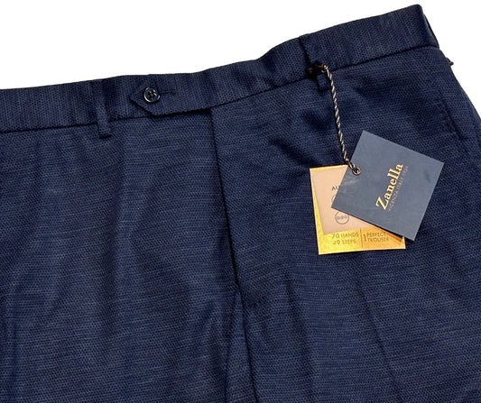 $425 NEW HANDMADE ZANELLA ELASTIC WAIST CASUAL DRESS PANTS 34 NASH BLUE BLACK WEAVE