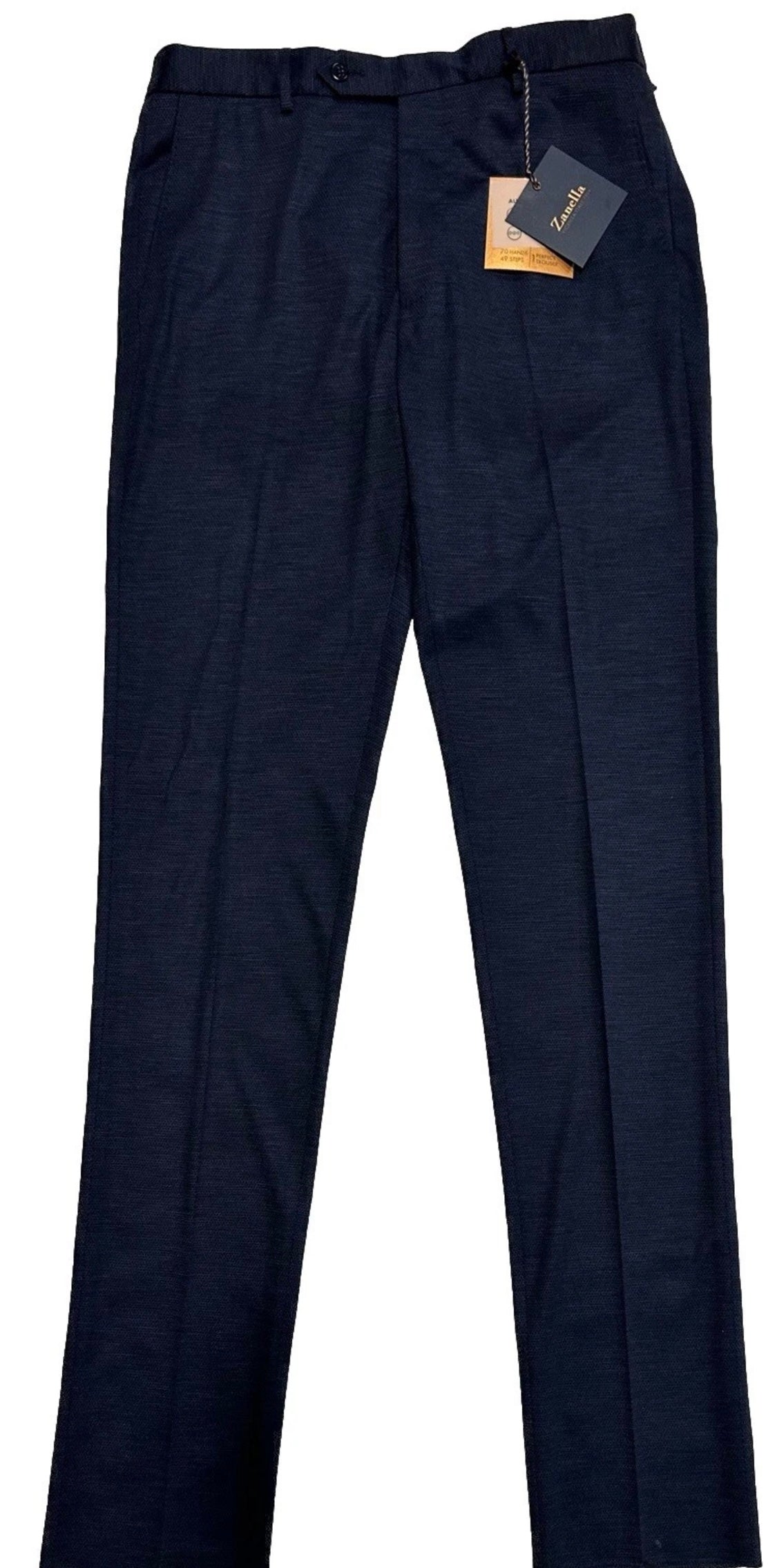$425 NEW HANDMADE ZANELLA ELASTIC WAIST CASUAL DRESS PANTS 34 NASH BLUE BLACK WEAVE