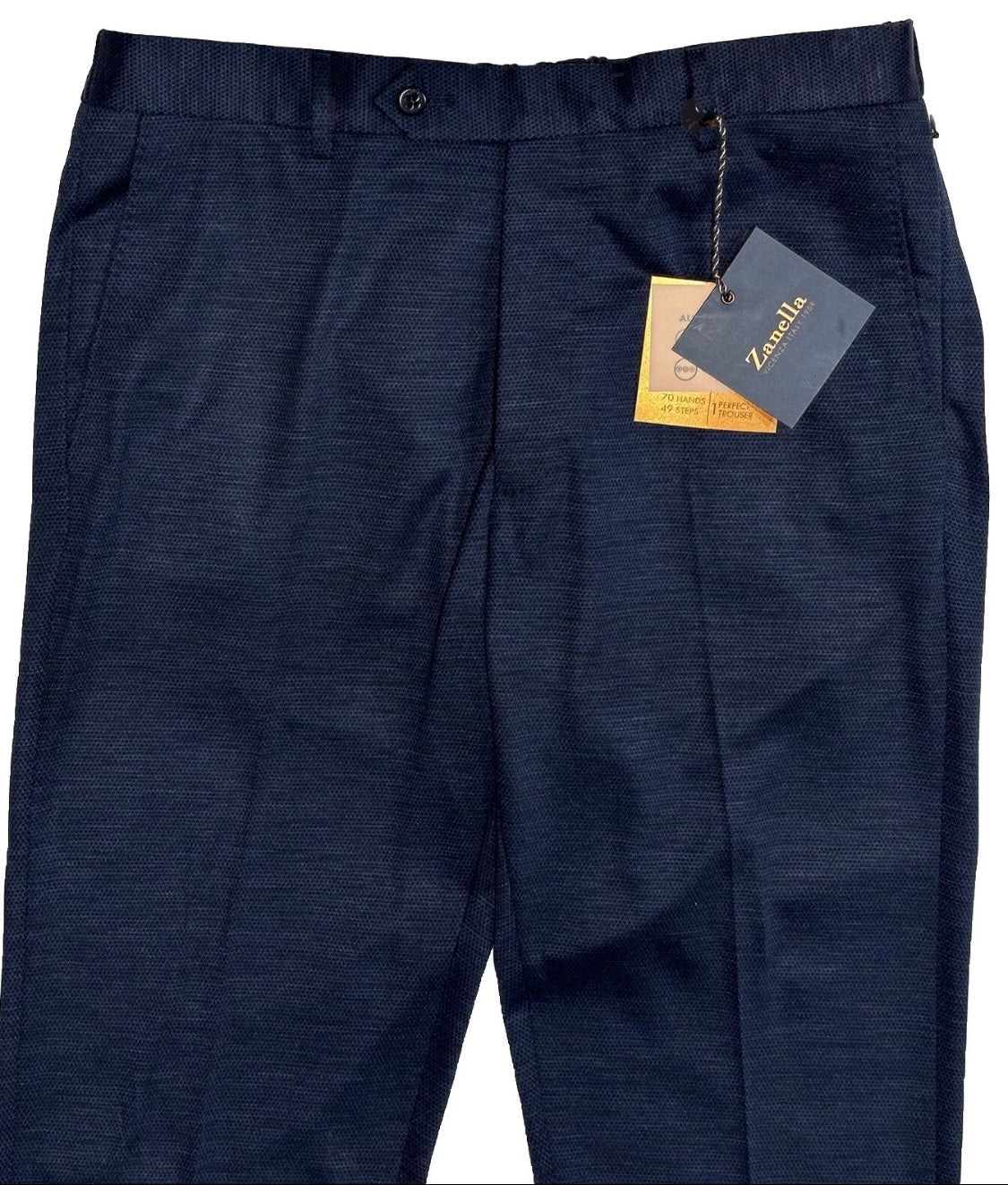 $425 NEW HANDMADE ZANELLA ELASTIC WAIST CASUAL DRESS PANTS 34 NASH BLUE BLACK WEAVE