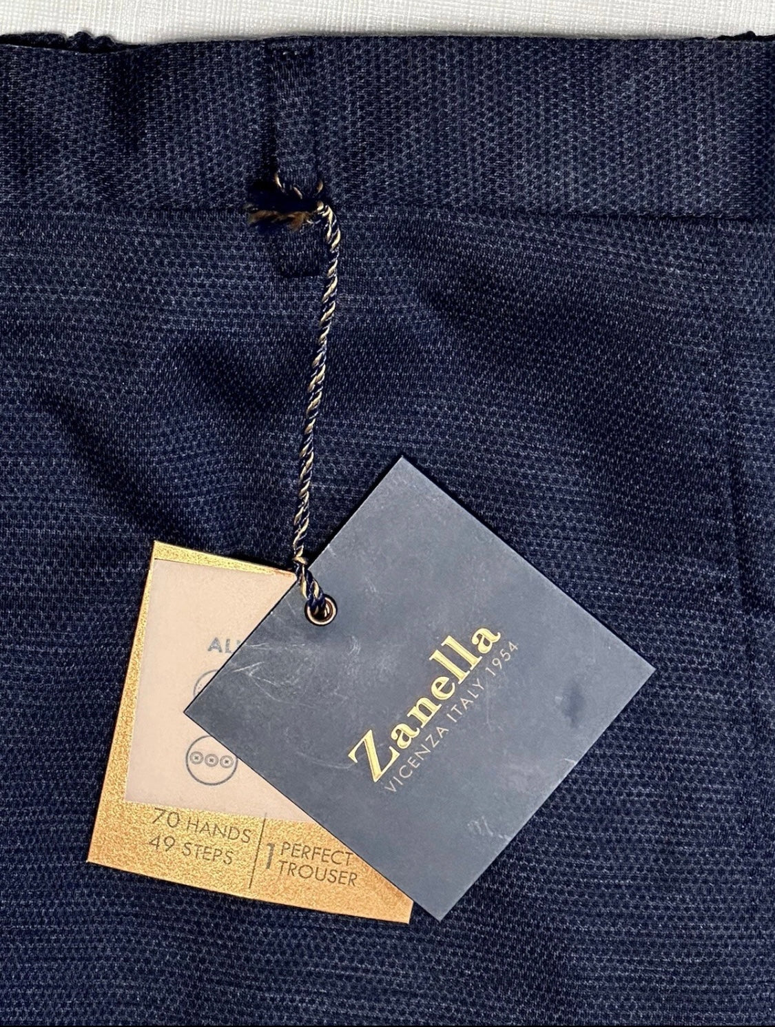 $425 NEW HANDMADE ZANELLA ELASTIC WAIST CASUAL DRESS PANTS 34 NASH BLUE BLACK WEAVE