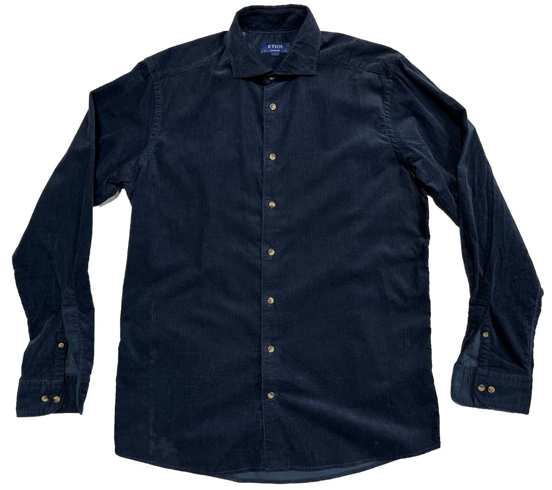 $395 NEW ETON CORDUROY DRESS SHIRT XL 17 EU 43 CONTEMPORARY FIT DARK NAVY FINE WALE