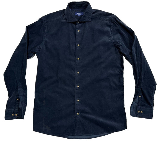 $395 NEW ETON CORDUROY DRESS SHIRT L 16 EU 41 CONTEMPORARY FIT DARK NAVY FINE WALE