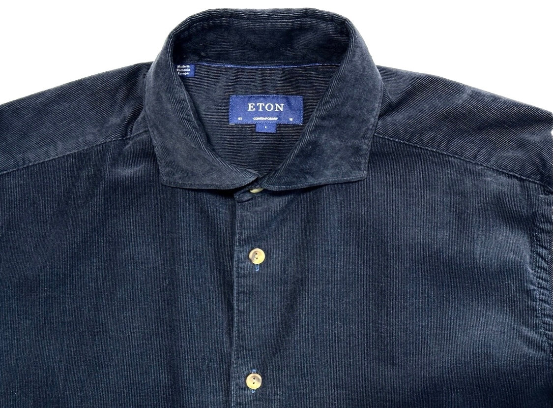 $395 NEW ETON CORDUROY DRESS SHIRT XL 17 EU 43 CONTEMPORARY FIT DARK NAVY FINE WALE