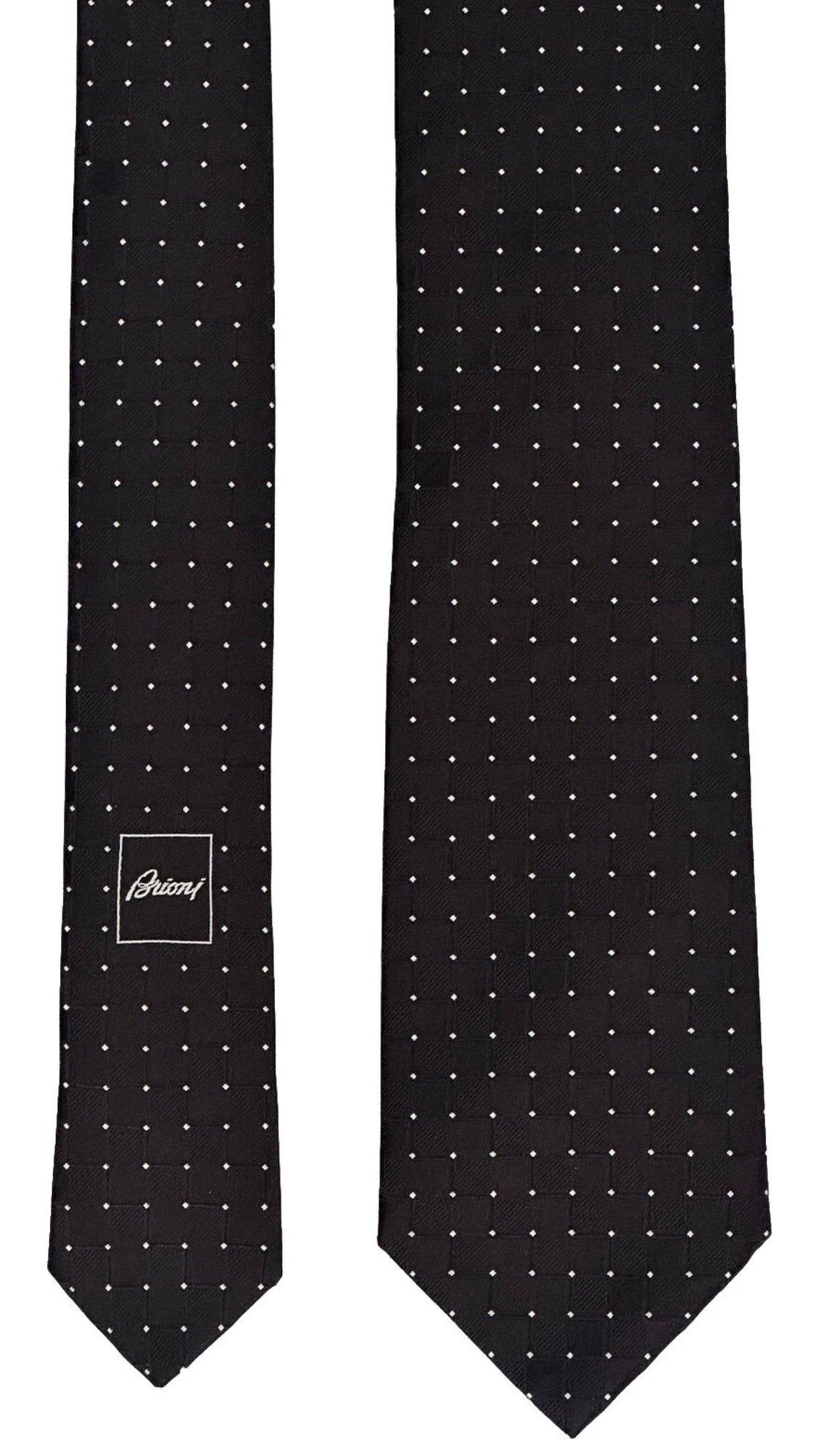 $395 NEW BRIONI SILK TIE HANDMADE BLACK GRID SUSPENDED MICRO POLKA DOTS 3 “