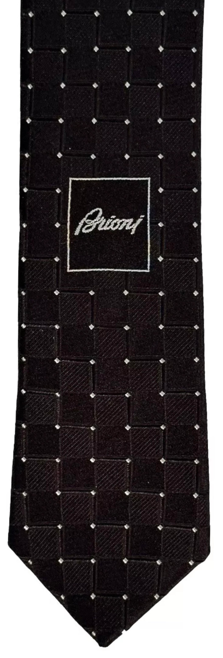 $395 NEW BRIONI SILK TIE HANDMADE BLACK GRID SUSPENDED MICRO POLKA DOTS 3 “