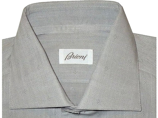 $695 NEW 44 17.5 BRIONI DRESS SHIRT GRAY & WHITE HERRINGBONE DIAMOND ACCENTS