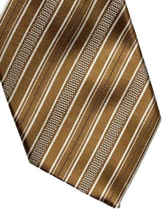$395 NEW BRIONI TIE DARK GOLD & WHITE DIAGONAL STRIPES HANDMADE LUXURY