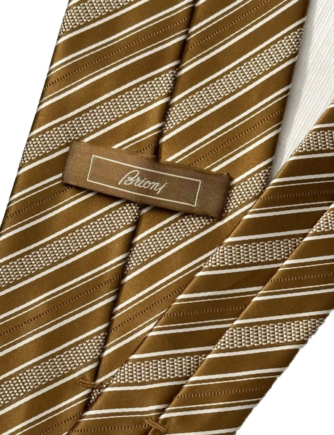 $395 NEW BRIONI TIE DARK GOLD & WHITE DIAGONAL STRIPES HANDMADE LUXURY