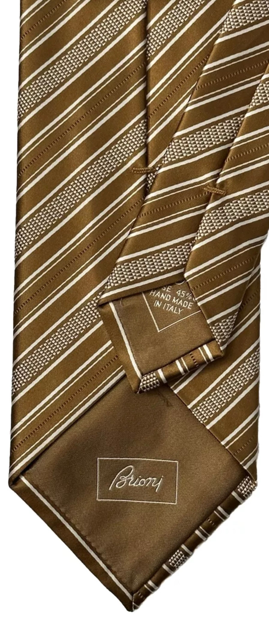 $395 NEW BRIONI TIE DARK GOLD & WHITE DIAGONAL STRIPES HANDMADE LUXURY