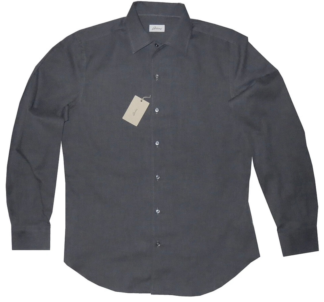 $650 NEW BRIONI DRESS SHIRT L FITTED FIT GRAY 1 PIECE LIGHTER CASUAL COLLAR