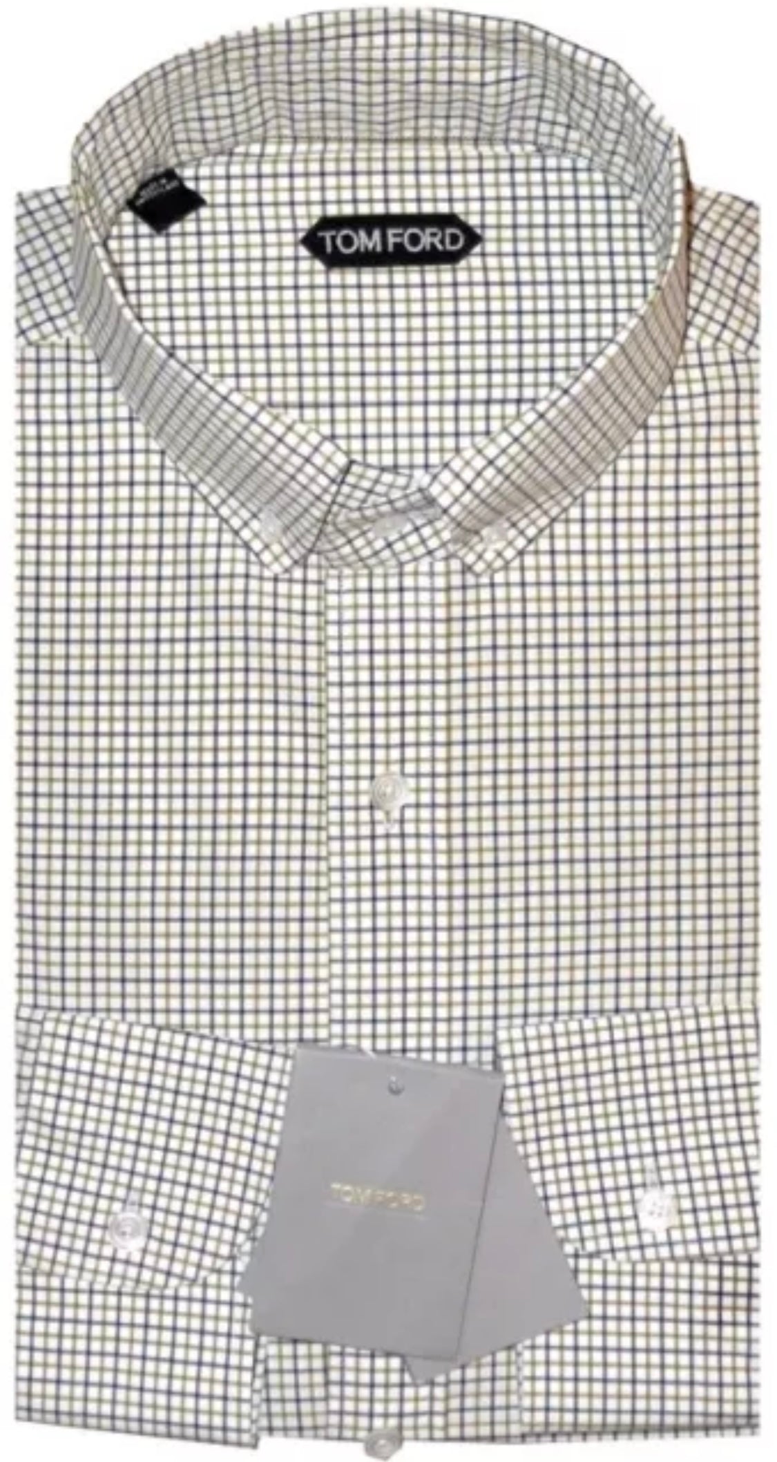 $730 NEW EU 44 17.5 TOM FORD DRESS SHIRT WHITE MUSTARD BLUE-BLACK CHECK HANDMADE