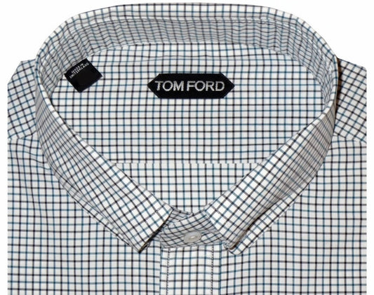 $730 NEW EU 44 17.5 TOM FORD DRESS SHIRT HANDMADE WHITE GREEN BROWN CHECK
