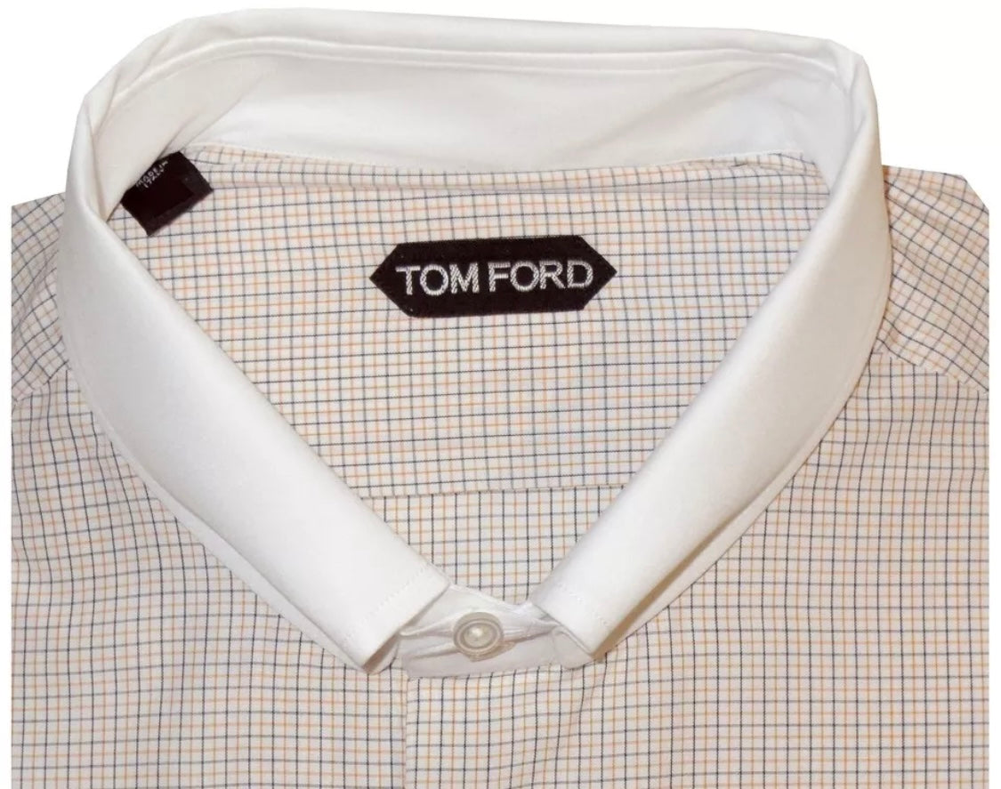 $615 NEW EU 45 17.75 TOM FORD DRESS SHIRT WHITE ORANGE NAVY CHECK TAB COLLAR