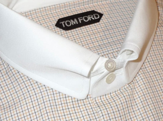 $615 NEW EU 45 17.75 TOM FORD DRESS SHIRT WHITE ORANGE NAVY CHECK TAB COLLAR