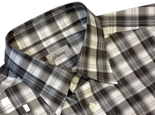$750 NEW V 17 / 17.5 43 / 44 BRIONI DRESS SHIRT COTTON SATEEN PLAID TARTAN