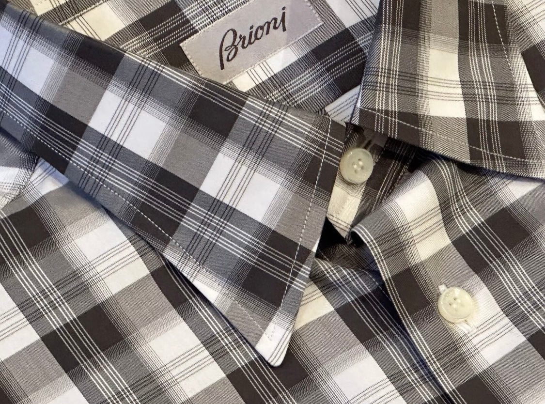 $750 NEW V 17 / 17.5 43 / 44 BRIONI DRESS SHIRT COTTON SATEEN PLAID TARTAN