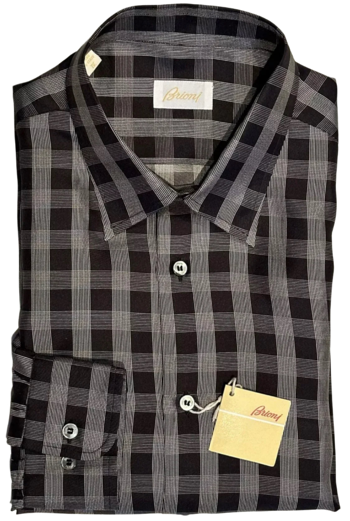 $2300 NEW L/IV 43/44 17/17.5 BRIONI SHIRT 100% SILK DRESS BLACK GRAY CHECK PLAID