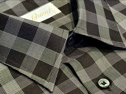 $2300 NEW L/IV 43/44 17/17.5 BRIONI SHIRT 100% SILK DRESS BLACK GRAY CHECK PLAID