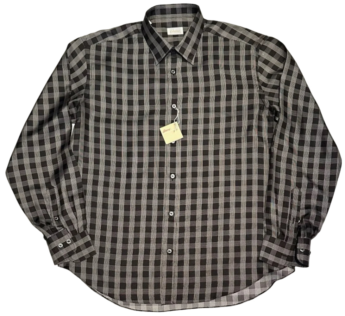 $2300 NEW L/IV 43/44 17/17.5 BRIONI SHIRT 100% SILK DRESS BLACK GRAY CHECK PLAID