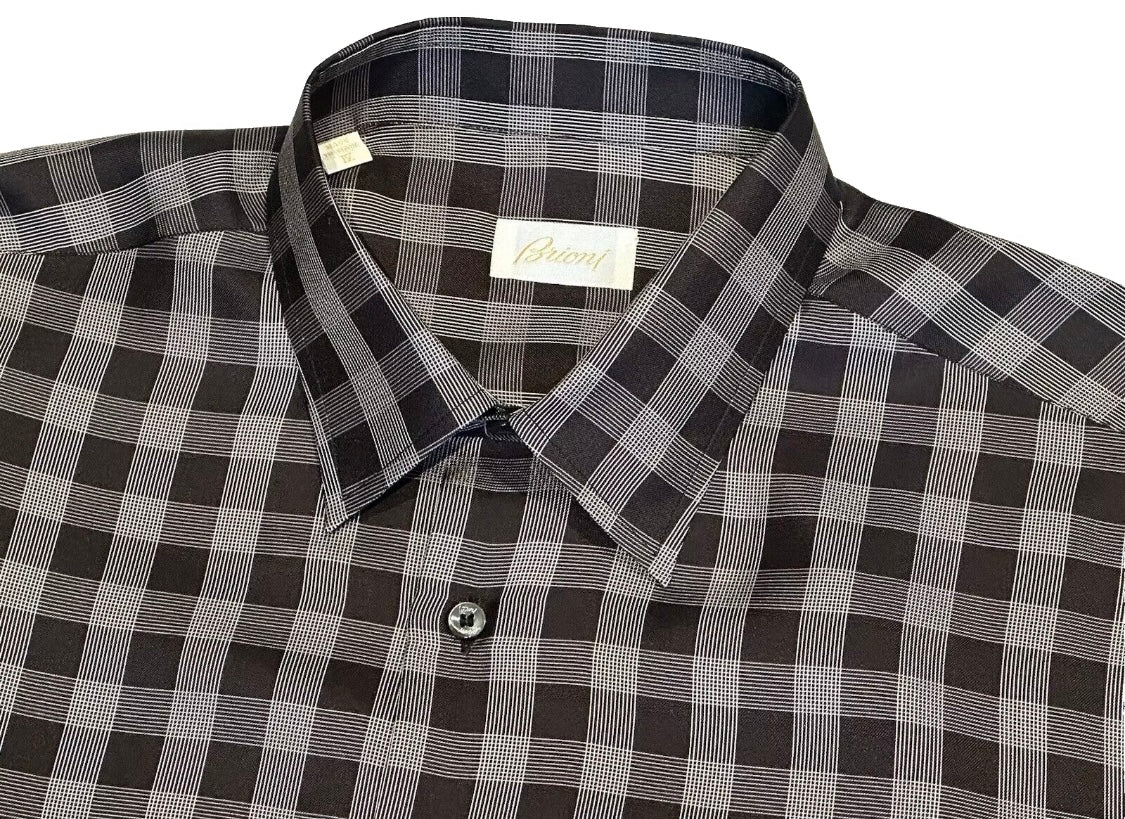 $2300 NEW L/IV 43/44 17/17.5 BRIONI SHIRT 100% SILK DRESS BLACK GRAY CHECK PLAID