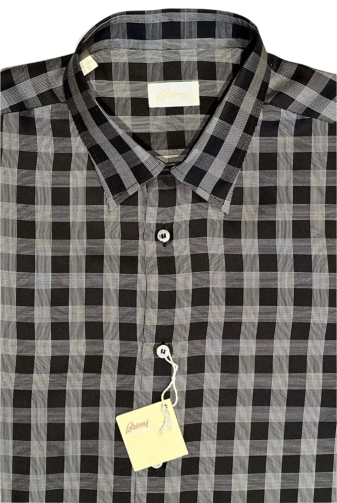 $2300 NEW L/IV 43/44 17/17.5 BRIONI SHIRT 100% SILK DRESS BLACK GRAY CHECK PLAID