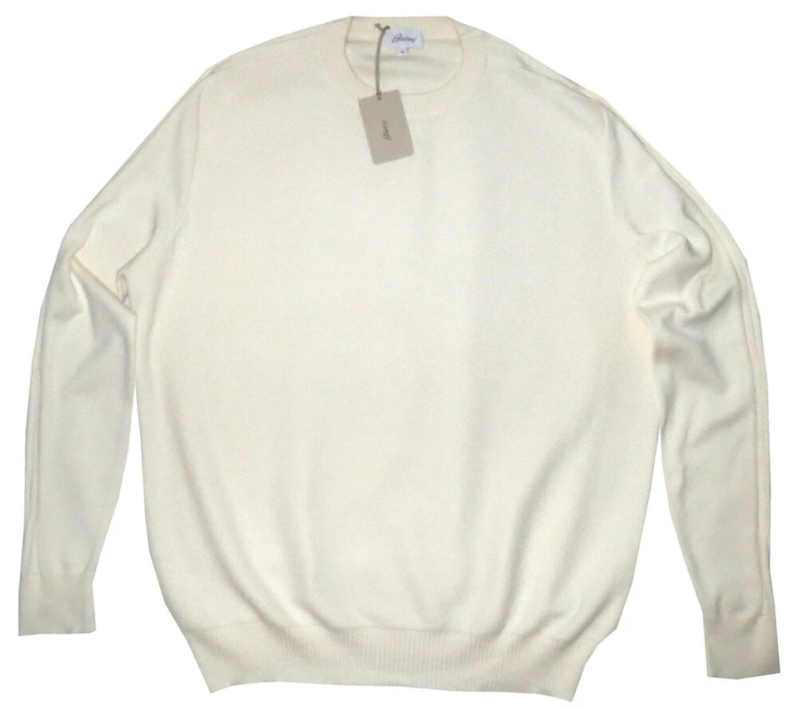$1850 NEW EU 56 XXL BRIONI SWEATER CASHMERE COTTON IVORY CREW NECK PLUSH KNIT RACER