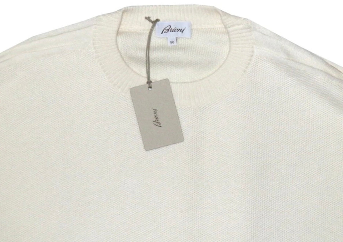 $1850 NEW EU 56 XXL BRIONI SWEATER CASHMERE COTTON IVORY CREW NECK PLUSH KNIT RACER