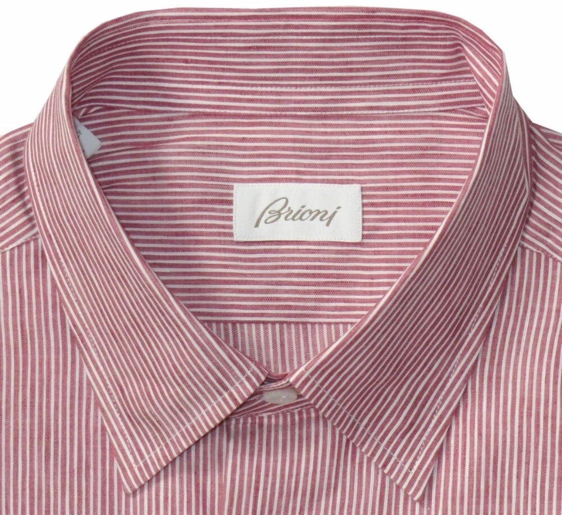 $625 NEW XXL BRIONI SLIM FIT DRESS SHIRT LINEN COTTON RED & WHITE STRIPE MENS