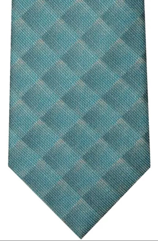 $295 NEW BRIONI 100% SILK NECK TIE FADING TURQUOISE TONES OPTICAL OP ART BOX PATTERN