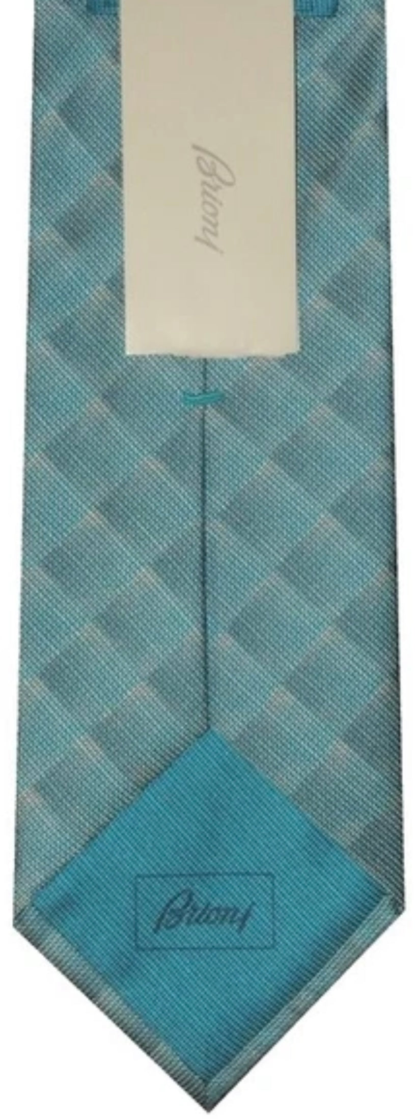 $295 NEW BRIONI 100% SILK NECK TIE FADING TURQUOISE TONES OPTICAL OP ART BOX PATTERN