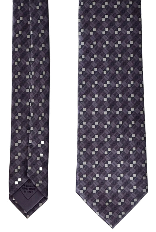 $395 NEW BRIONI SILK TIE HANDMADE PURPLE GRAY SUSPENDED BOX LATTICE 3 “
