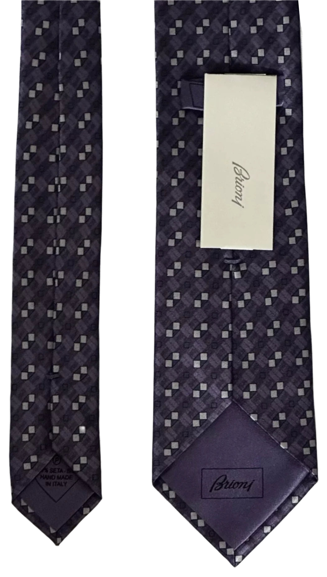 $395 NEW BRIONI SILK TIE HANDMADE PURPLE GRAY SUSPENDED BOX LATTICE 3 “