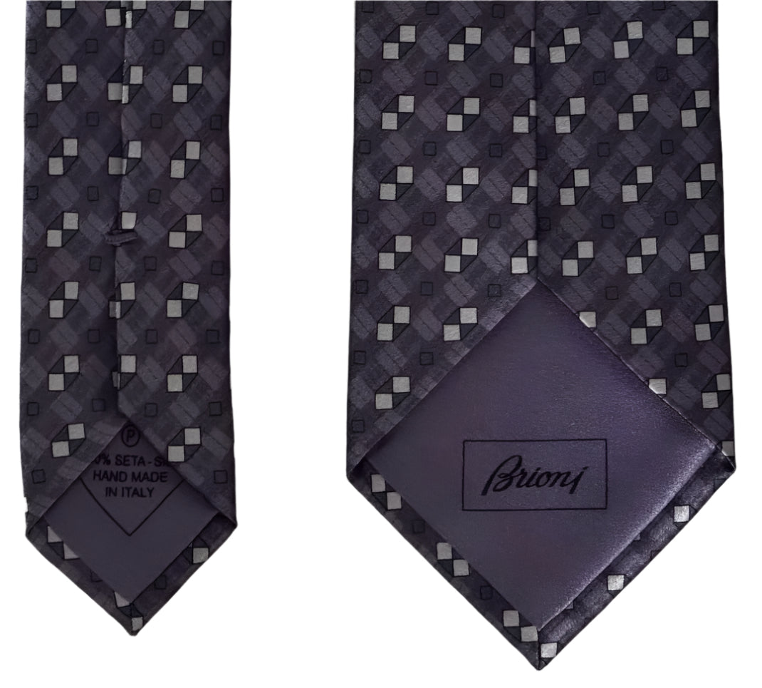 $395 NEW BRIONI SILK TIE HANDMADE PURPLE GRAY SUSPENDED BOX LATTICE 3 “