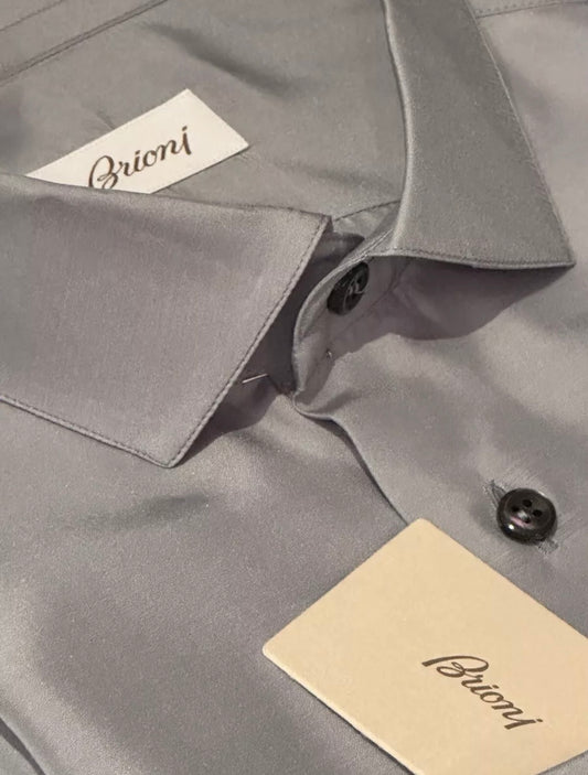 $2300 NEW XL / V 16.5 BRIONI 100% SILK DRESS SHIRT SLIM FIT BABY BLUE-GRAY