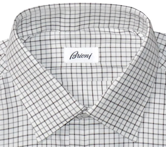 $675 NEW 45 17.75 BRIONI MENS DRESS SHIRT WHITE BROWN GRID REGULAR FIT DART BACK