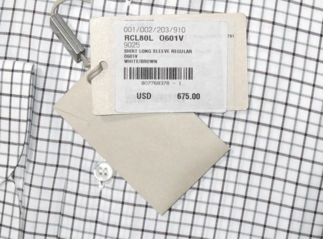 $675 NEW 45 17.75 BRIONI MENS DRESS SHIRT WHITE BROWN GRID REGULAR FIT DART BACK