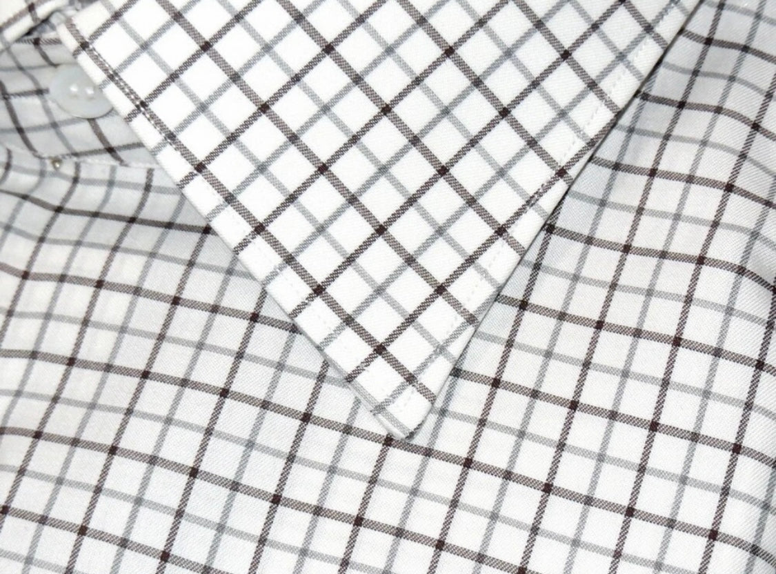 $675 NEW 45 17.75 BRIONI MENS DRESS SHIRT WHITE BROWN GRID REGULAR FIT DART BACK