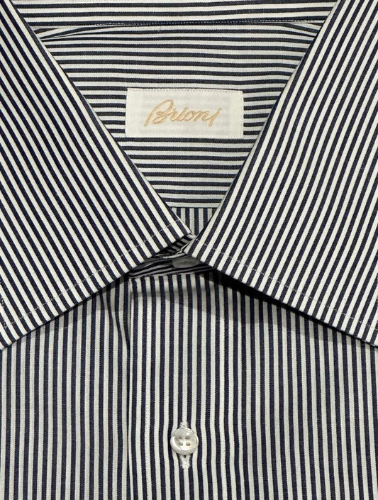 $650 NEW 45 17.75 BRIONI DRESS SHIRT NAVY WHITE STRIPE SLIM FIT - FITS 17.5